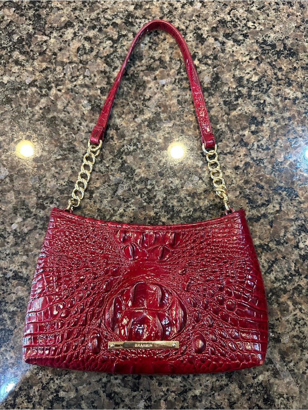 Brahmin Red Croc-Embossed Leather Shoulder Bag with Gold Chain